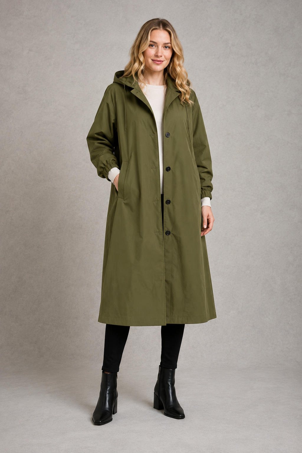 Women's oversized waterproof trench coat with a longline silhouette, adjustable drawstring hood, elasticated cuffs and lightweight water-repellent fabric, ideal for rainy weather and everyday wear.