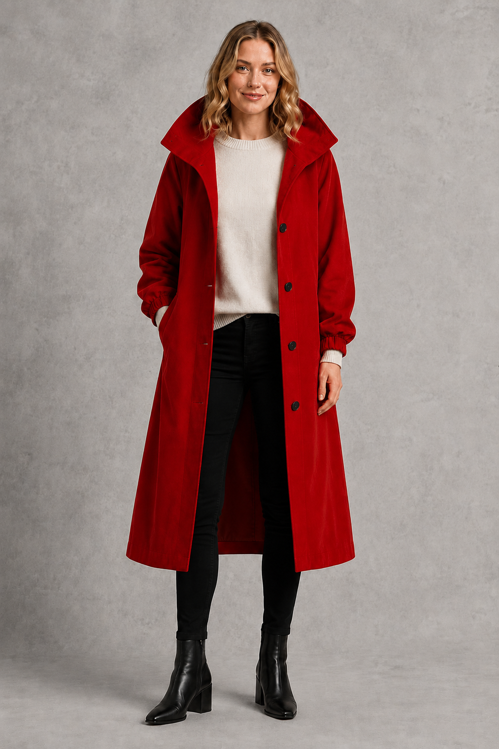 Women's oversized waterproof trench coat with a longline silhouette, adjustable drawstring hood, elasticated cuffs and lightweight water-repellent fabric, ideal for rainy weather and everyday wear.