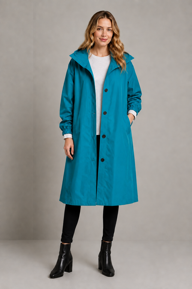 Women's oversized waterproof trench coat with a longline silhouette, adjustable drawstring hood, elasticated cuffs and lightweight water-repellent fabric, ideal for rainy weather and everyday wear.