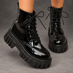 Women's Patent Chunky Platform Ankle Boots – Lace-Up Side Zip Combat Shoes – Black – side view