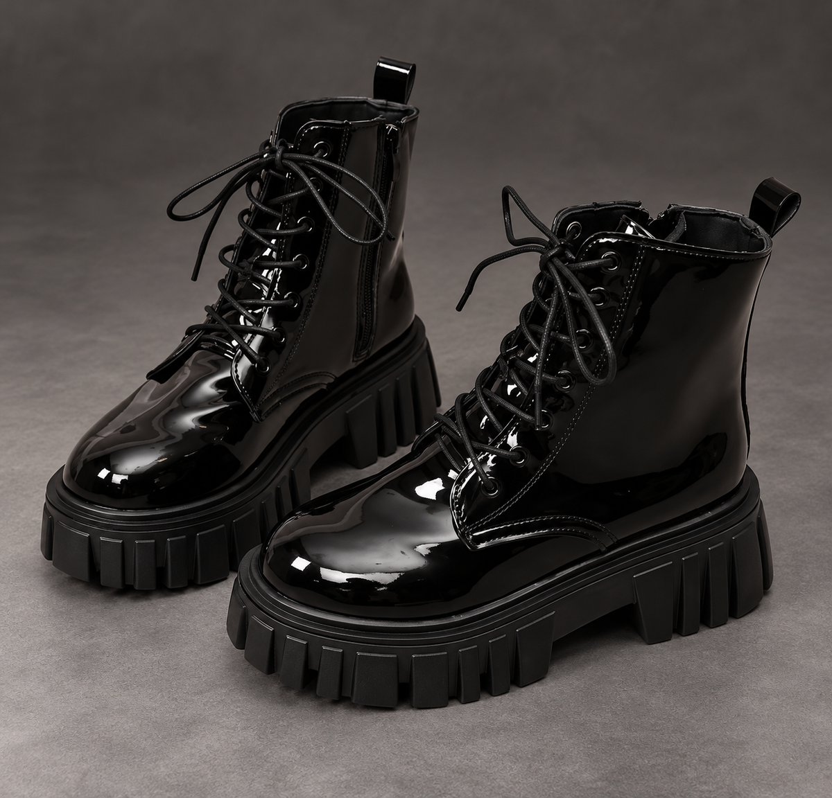 Women's Patent Chunky Platform Ankle Boots – Lace-Up Side Zip Combat Shoes – Black – front view