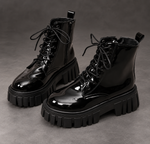 Women's Patent Chunky Platform Ankle Boots – Lace-Up Side Zip Combat Shoes – Black – front view