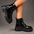 Women's Patent Chunky Platform Ankle Boots – Lace-Up Side Zip Combat Shoes – Black – detail view
