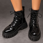 Women's Patent Chunky Platform Ankle Boots – Lace-Up Side Zip Combat Shoes – Black – sole view