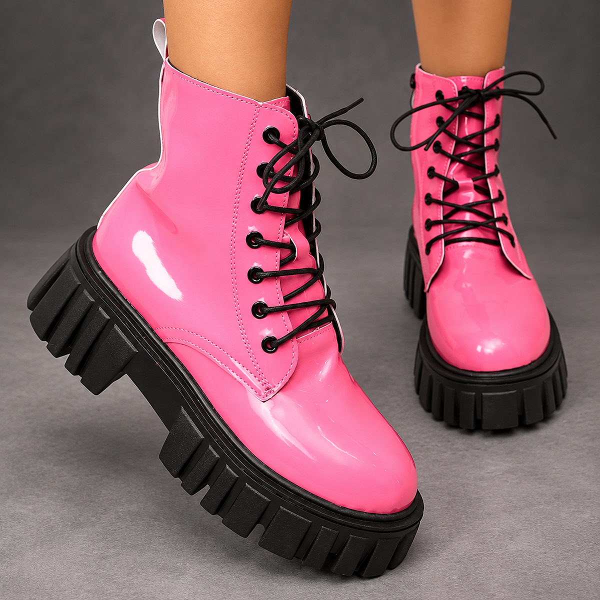 Women's Patent Chunky Platform Ankle Boots – Lace-Up Side Zip Combat Shoes – Pink – side view