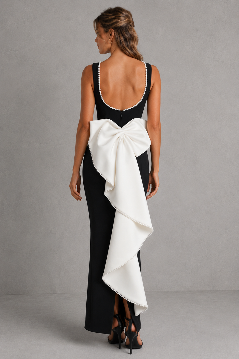 Women’s Pearl Trim Midaxi Dress with Detachable Bow Detail for Evening & Formal Wear