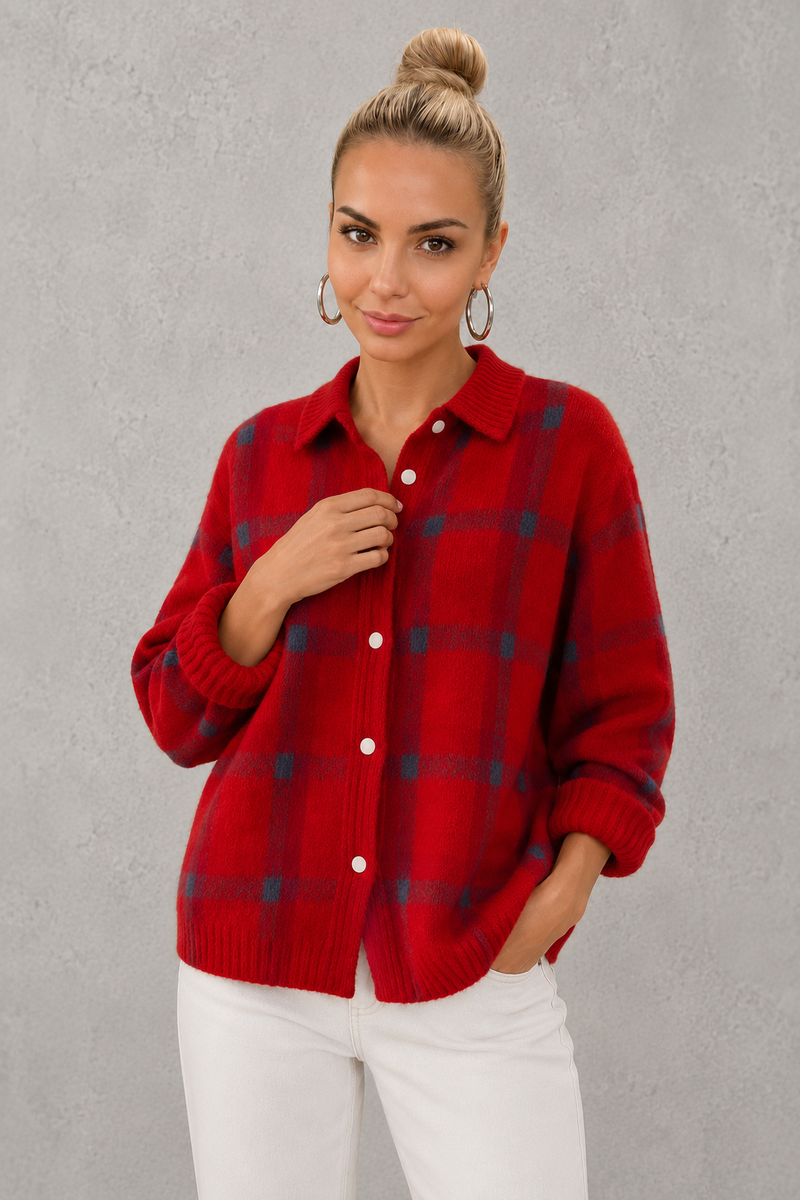 Women's plaid knit sweater with a classic check pattern, relaxed fit and soft knitted texture, offering lightweight warmth for casual everyday wear, layering and seasonal styling.