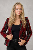 Women's plaid tweed double-breasted blazer with a tailored fit, structured lapel collar and classic checked pattern, ideal for smart casual workwear, office outfits and autumn layering.
