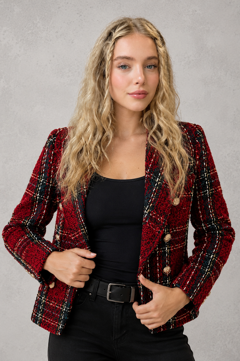 Women's plaid tweed double-breasted blazer with a tailored fit, structured lapel collar and classic checked pattern, ideal for smart casual workwear, office outfits and autumn layering.