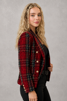 Women's plaid tweed double-breasted blazer with a tailored fit, structured lapel collar and classic checked pattern, ideal for smart casual workwear, office outfits and autumn layering.