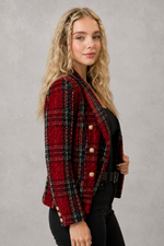 Women's plaid tweed double-breasted blazer with a tailored fit, structured lapel collar and classic checked pattern, ideal for smart casual workwear, office outfits and autumn layering.