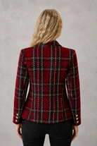 Women's plaid tweed double-breasted blazer with a tailored fit, structured lapel collar and classic checked pattern, ideal for smart casual workwear, office outfits and autumn layering.