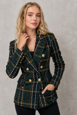 Women's plaid tweed double-breasted blazer with a tailored fit, structured lapel collar and classic checked pattern, ideal for smart casual workwear, office outfits and autumn layering.