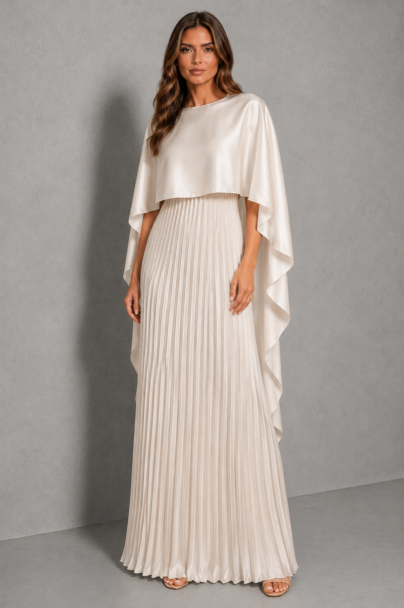 Women’s Pleated Cape Maxi Dress with High Neck for Wedding & Formal Occasion Wear