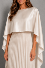 Women’s Pleated Cape Maxi Dress with High Neck for Wedding & Formal Occasion Wear