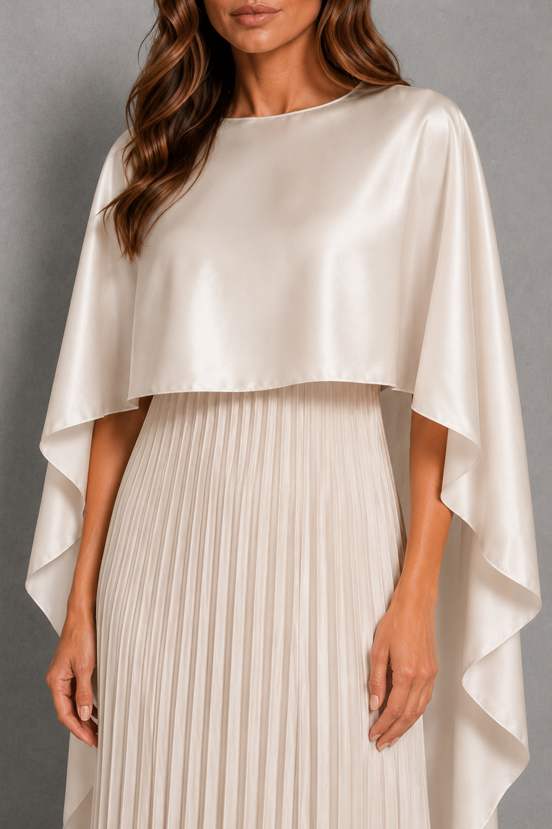 Women’s Pleated Cape Maxi Dress with High Neck for Wedding & Formal Occasion Wear
