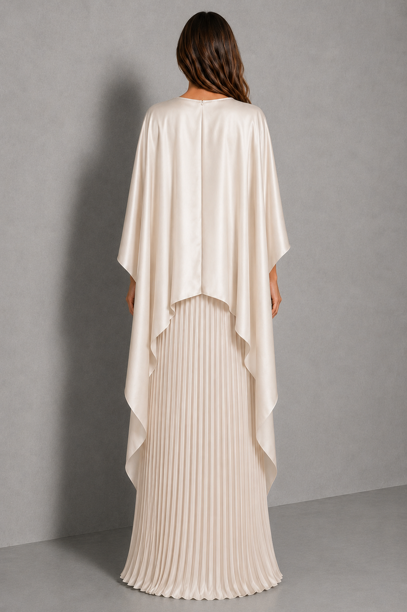Women’s Pleated Cape Maxi Dress with High Neck for Wedding & Formal Occasion Wear