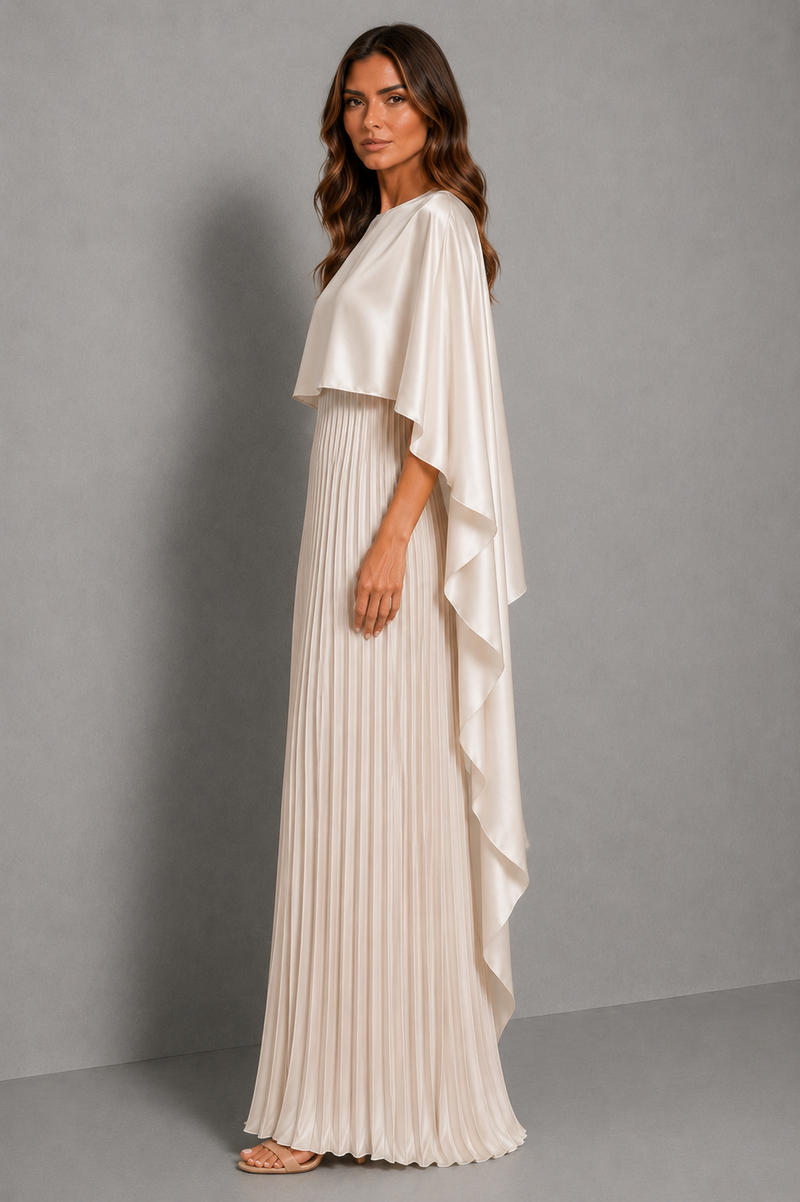 Women’s Pleated Cape Maxi Dress with High Neck for Wedding & Formal Occasion Wear
