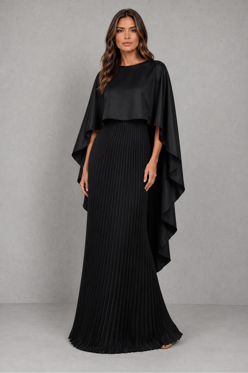 Women’s Pleated Cape Maxi Dress with High Neck for Wedding & Formal Occasion Wear