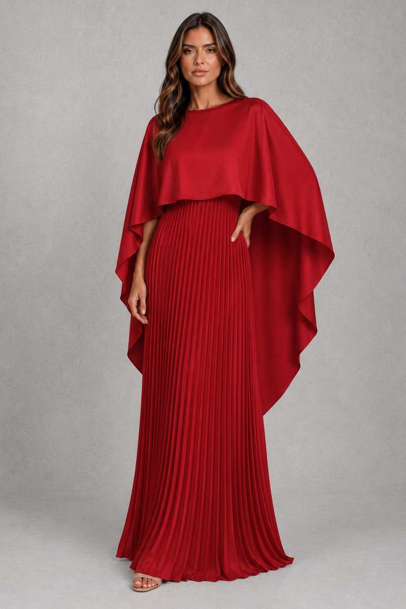 Women’s Pleated Cape Maxi Dress with High Neck for Wedding & Formal Occasion Wear