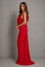 Women’s Plunge Halter Maxi Dress with Floral Corsage for Party & Evening Wear