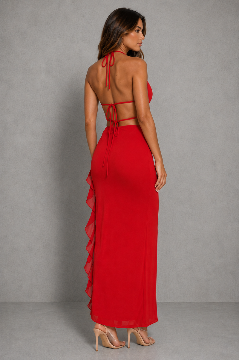 Women’s Plunge Neck Mesh Maxi Dress with Side Slit for Evening & Party Wear