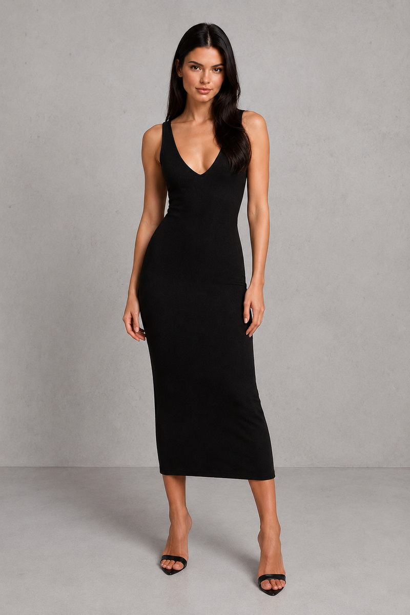 Woman wearing a black dress against a gray background