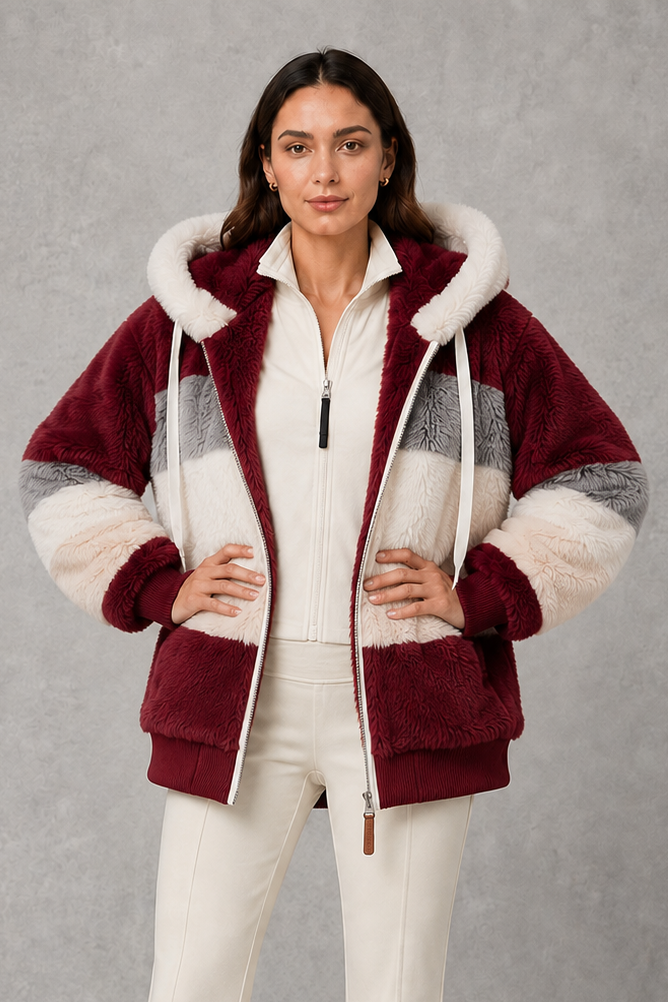 Women’s plush hooded winter coat with soft faux fur panels, a relaxed silhouette and rib-knit cuffs for cosy cold-weather layering.