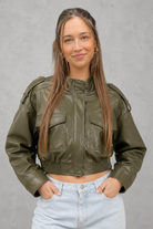 Women's cropped faux leather bomber jacket with front pockets, zip fastening, ribbed cuffs and hem, lightweight polyester construction and a relaxed fit for casual everyday wear.