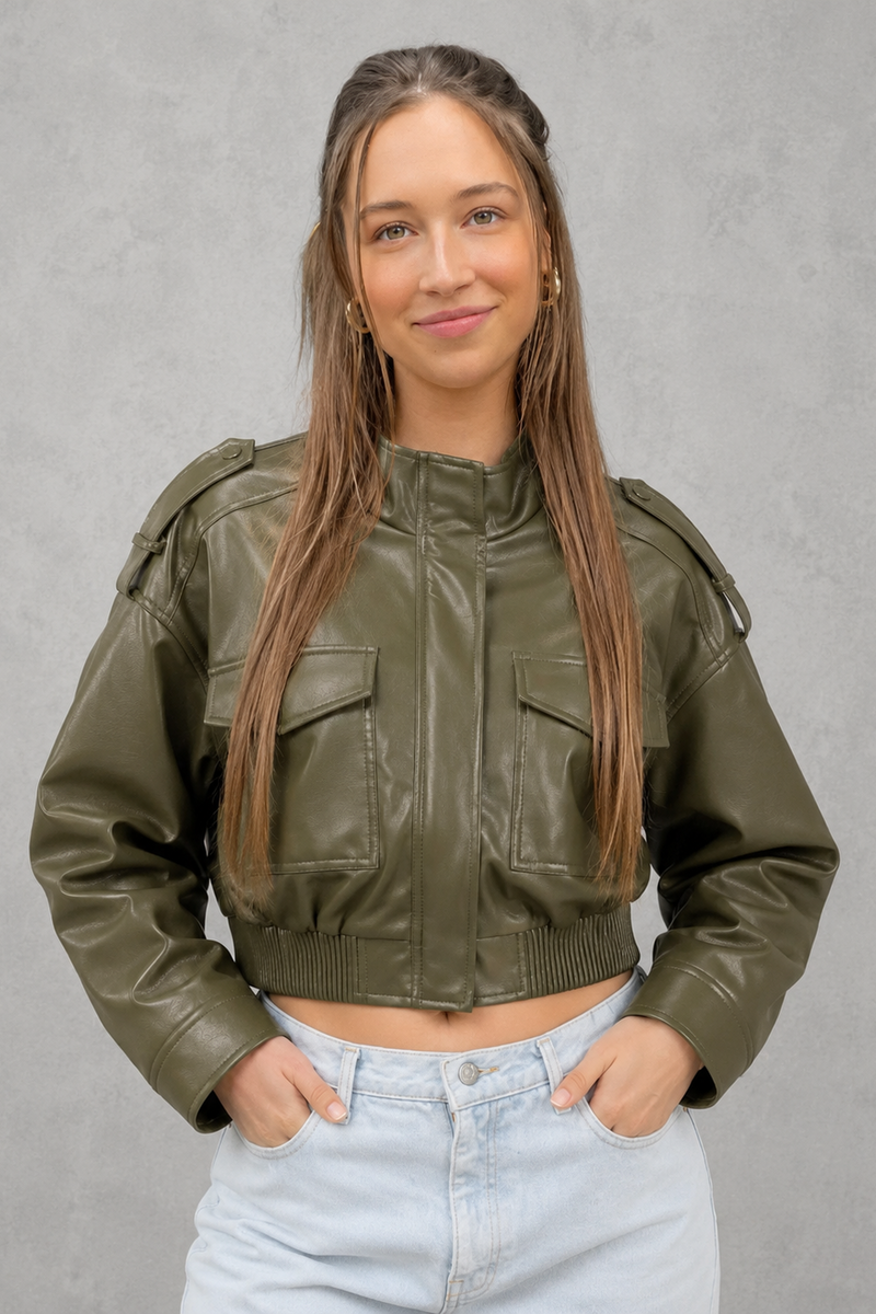 Women's cropped faux leather bomber jacket with front pockets, zip fastening, ribbed cuffs and hem, lightweight polyester construction and a relaxed fit for casual everyday wear.