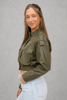 Women's cropped faux leather bomber jacket with front pockets, zip fastening, ribbed cuffs and hem, lightweight polyester construction and a relaxed fit for casual everyday wear.