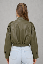 Women's cropped faux leather bomber jacket with front pockets, zip fastening, ribbed cuffs and hem, lightweight polyester construction and a relaxed fit for casual everyday wear.