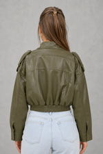 Women's cropped faux leather bomber jacket with front pockets, zip fastening, ribbed cuffs and hem, lightweight polyester construction and a relaxed fit for casual everyday wear.