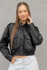 Women's cropped faux leather bomber jacket with front pockets, zip fastening, ribbed cuffs and hem, lightweight polyester construction and a relaxed fit for casual everyday wear.