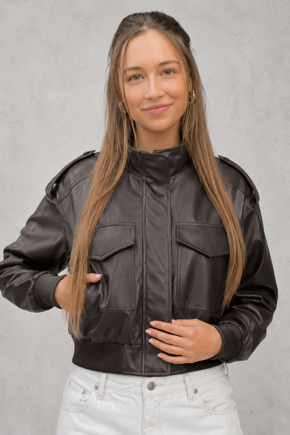 Women's cropped faux leather bomber jacket with front pockets, zip fastening, ribbed cuffs and hem, lightweight polyester construction and a relaxed fit for casual everyday wear.