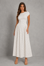 Women’s Polka Dot Maxi Dress with Pleated A-Line Skirt for Wedding & Occasion Wear