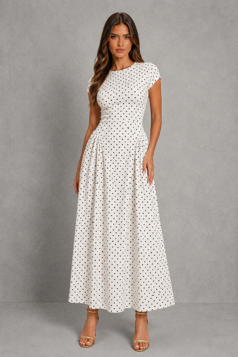 Women’s Polka Dot Maxi Dress with Pleated A-Line Skirt for Wedding & Occasion Wear