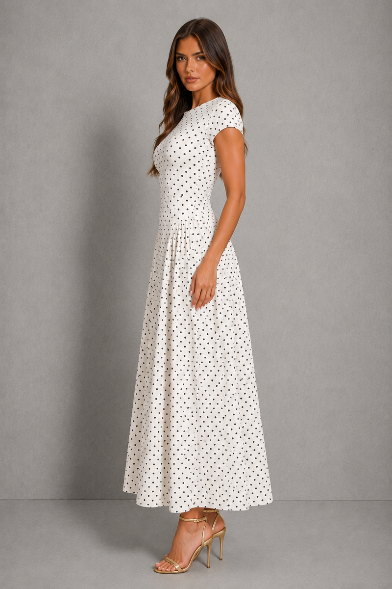 Women’s Polka Dot Maxi Dress with Pleated A-Line Skirt for Wedding & Occasion Wear