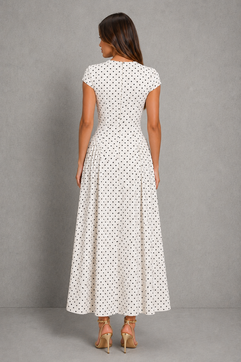 Women’s Polka Dot Maxi Dress with Pleated A-Line Skirt for Wedding & Occasion Wear