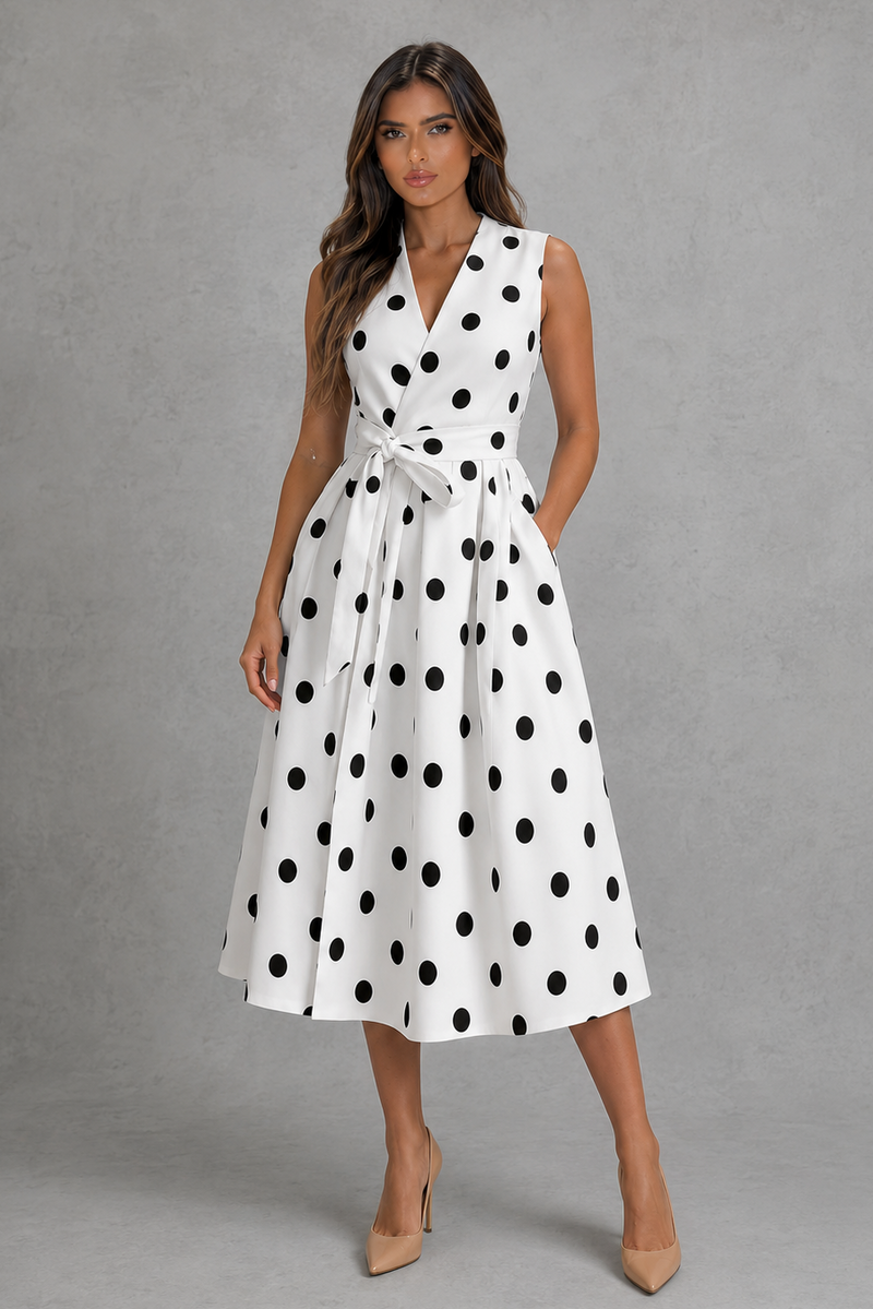 Women’s Polka Dot Midi Dress with V-Neck & Waist Tie for Summer & Occasion Wear