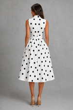 Women’s Polka Dot Midi Dress with V-Neck & Waist Tie for Summer & Occasion Wear