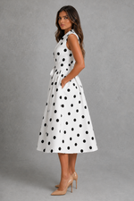 Women’s Polka Dot Midi Dress with V-Neck & Waist Tie for Summer & Occasion Wear