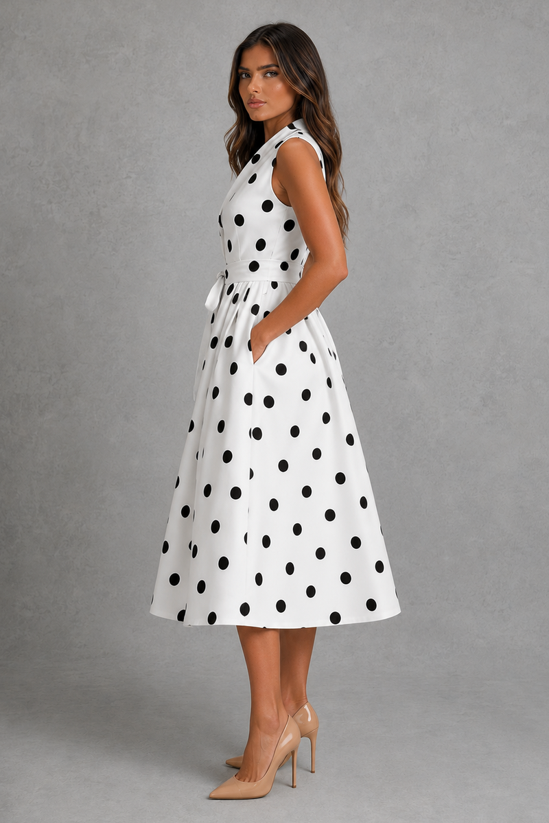 Women’s Polka Dot Midi Dress with V-Neck & Waist Tie for Summer & Occasion Wear