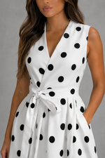 Women’s Polka Dot Midi Dress with V-Neck & Waist Tie for Summer & Occasion Wear