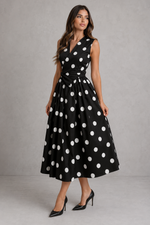 Women’s Polka Dot Midi Dress with V-Neck & Waist Tie for Summer & Occasion Wear