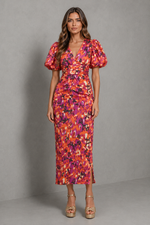 Women’s Printed Puff Sleeve Midi Dress with V-Neck for Summer Occasion Wear