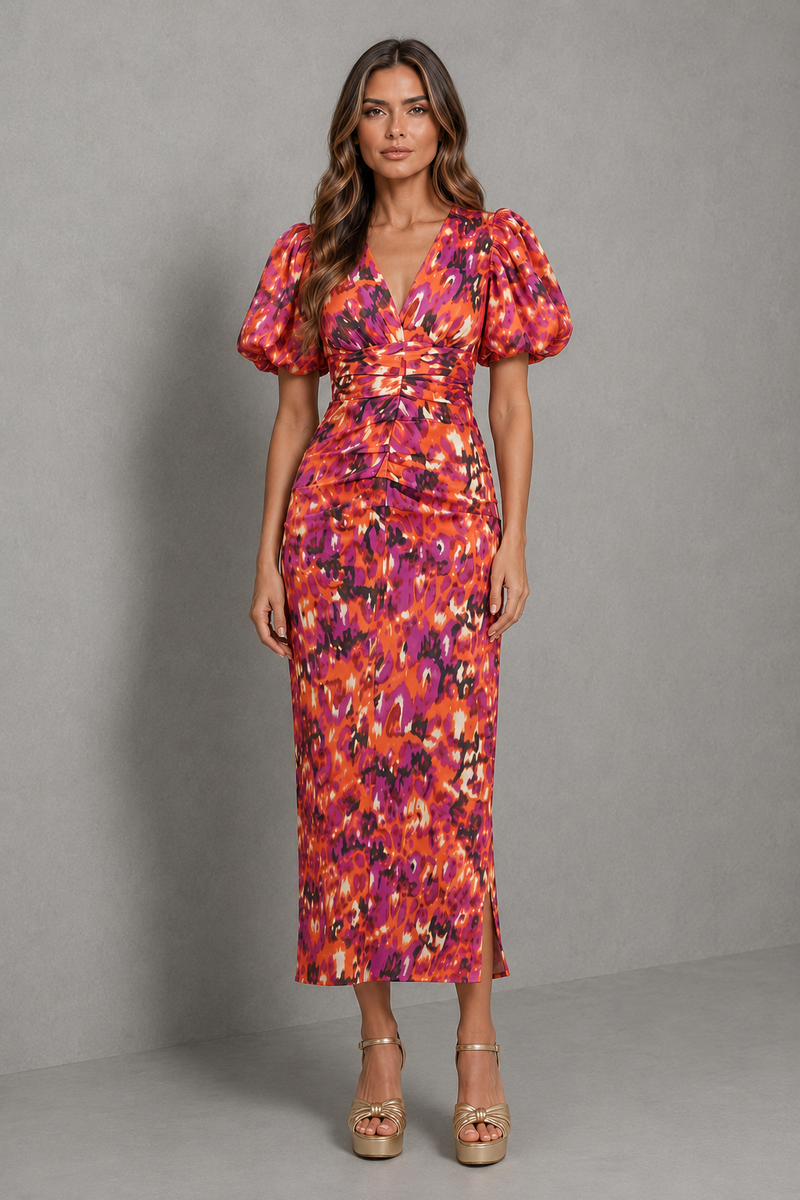 Women’s Printed Puff Sleeve Midi Dress with V-Neck for Summer Occasion Wear