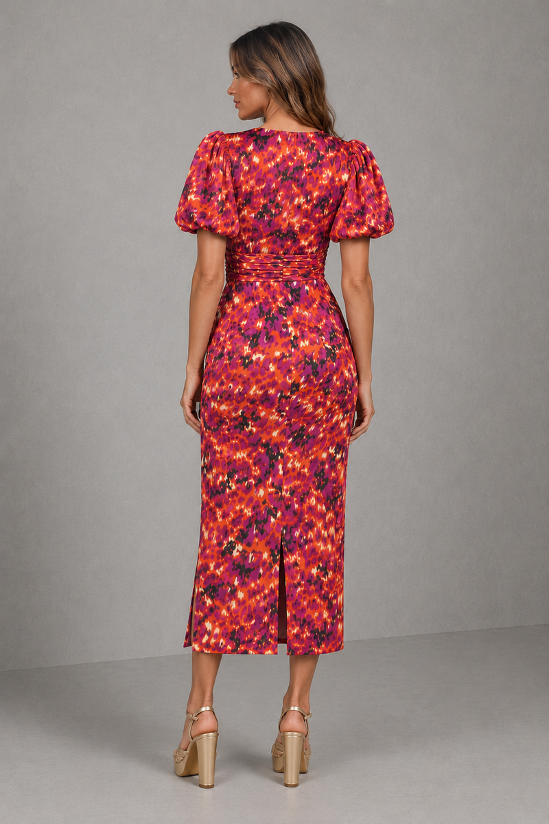 Women’s Printed Puff Sleeve Midi Dress with V-Neck for Summer Occasion Wear