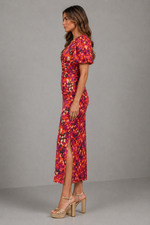 Women’s Printed Puff Sleeve Midi Dress with V-Neck for Summer Occasion Wear