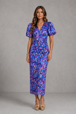 Women’s Printed Puff Sleeve Midi Dress with V-Neck for Summer Occasion Wear